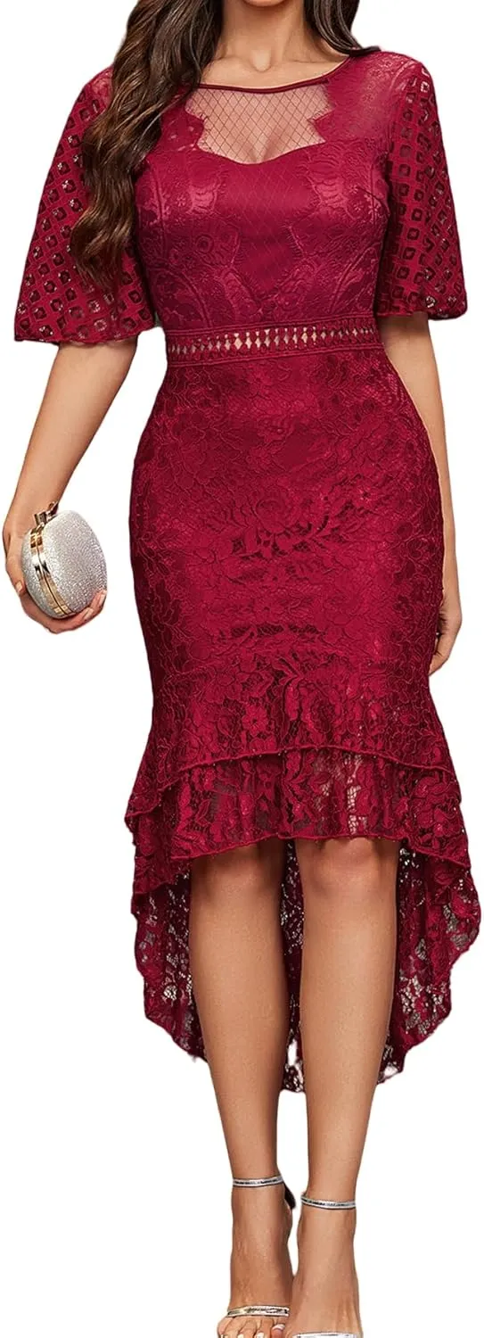 Lace Dress for Women Sexy Backless Midi Bodycon Dress Slim Fitted Cocktail Party Fishtail Dress