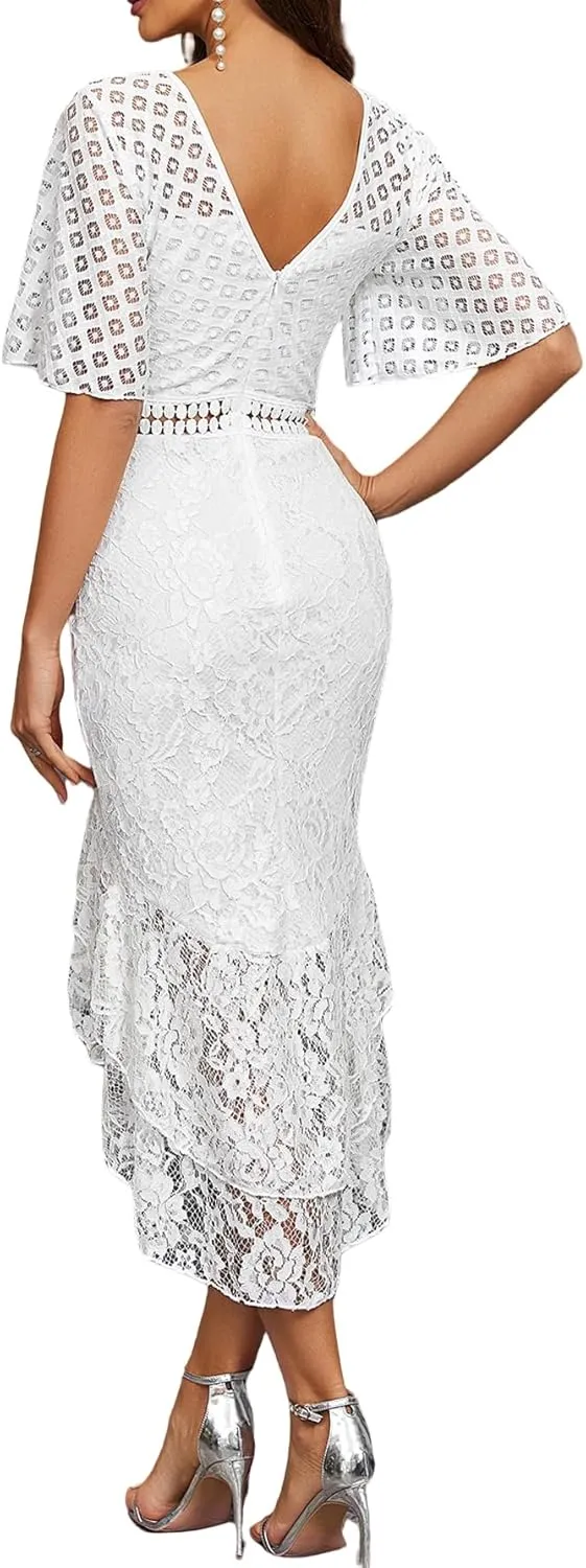 Lace Dress for Women Sexy Backless Midi Bodycon Dress Slim Fitted Cocktail Party Fishtail Dress