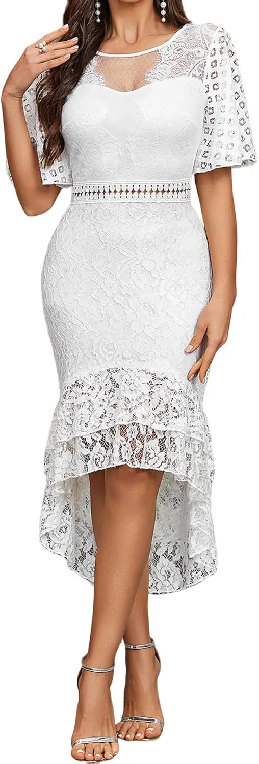 Lace Dress for Women Sexy Backless Midi Bodycon Dress Slim Fitted Cocktail Party Fishtail Dress