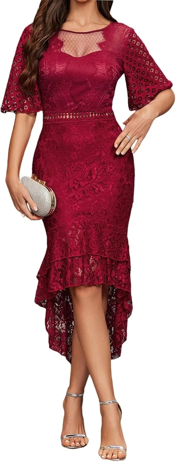 Lace Dress for Women Sexy Backless Midi Bodycon Dress Slim Fitted Cocktail Party Fishtail Dress