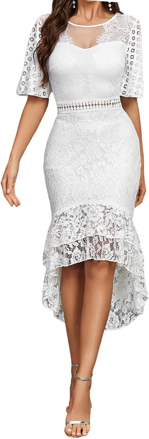 Lace Dress for Women Sexy Backless Midi Bodycon Dress Slim Fitted Cocktail Party Fishtail Dress