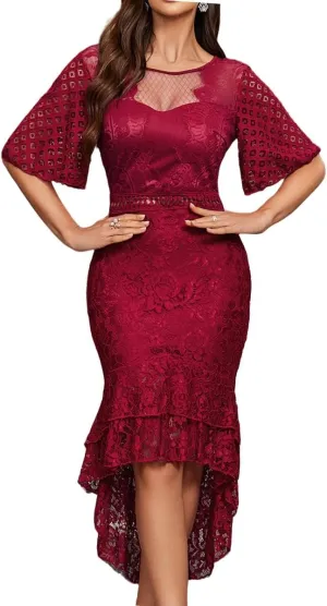 Lace Dress for Women Sexy Backless Midi Bodycon Dress Slim Fitted Cocktail Party Fishtail Dress
