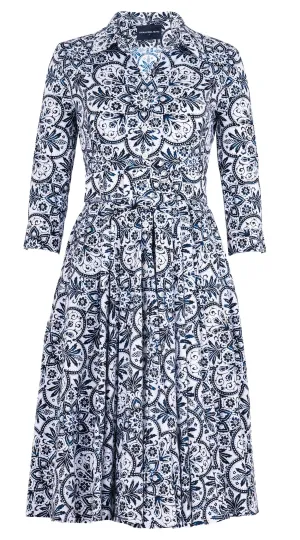 Laurent Dress Shirt Collar 3/4 Sleeve Long Length Cotton Stretch (Marakechi Tile)