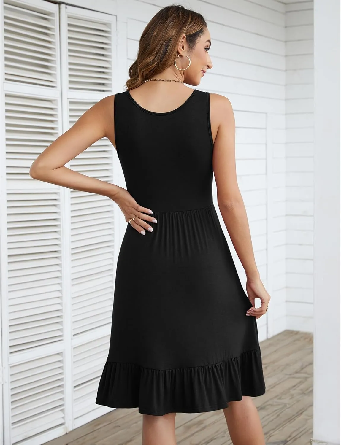 LILBETTER Women's Round Neck Summer Sundresses Casual Pleated Ruffle Hem Knee Length Sleeveless Tank Dress with Pockets
