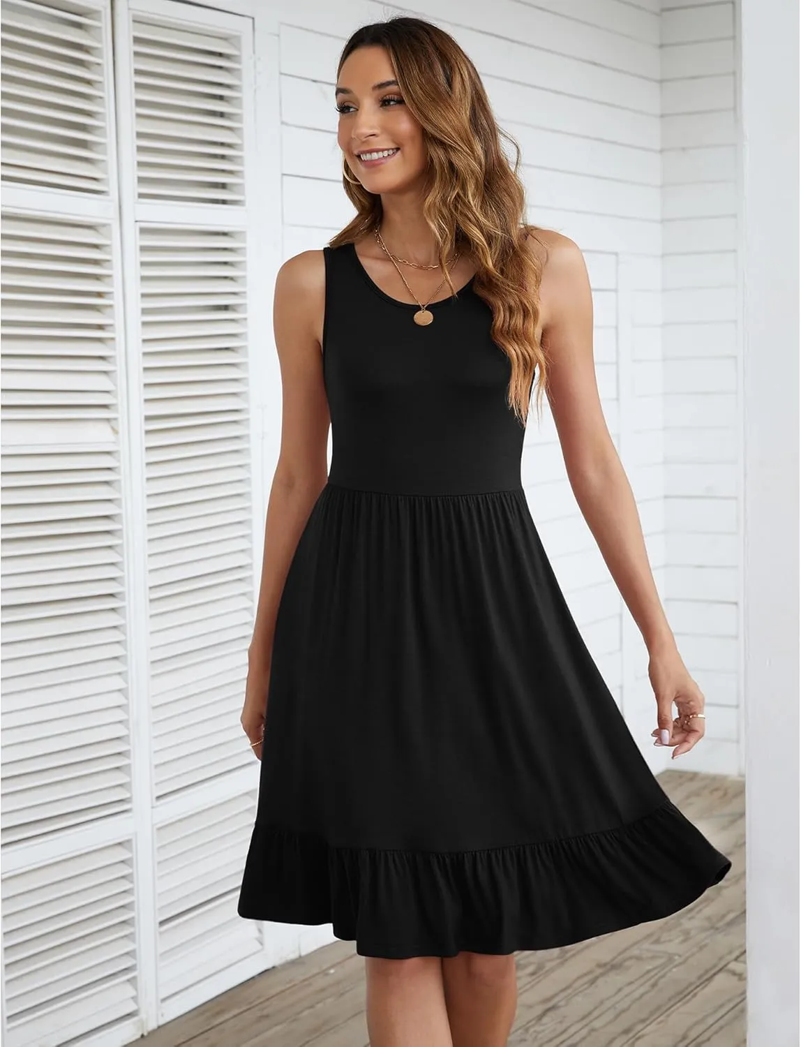 LILBETTER Women's Round Neck Summer Sundresses Casual Pleated Ruffle Hem Knee Length Sleeveless Tank Dress with Pockets