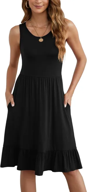 LILBETTER Women's Round Neck Summer Sundresses Casual Pleated Ruffle Hem Knee Length Sleeveless Tank Dress with Pockets
