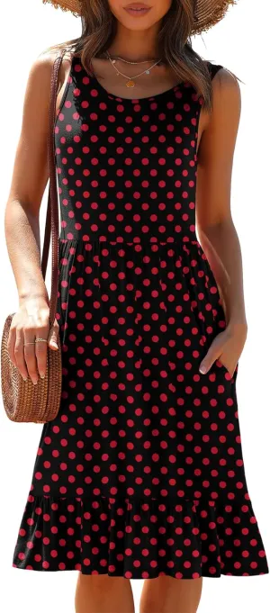 LILBETTER Women's Round Neck Summer Sundresses Casual Pleated Ruffle Hem Knee Length Sleeveless Tank Dress with Pockets