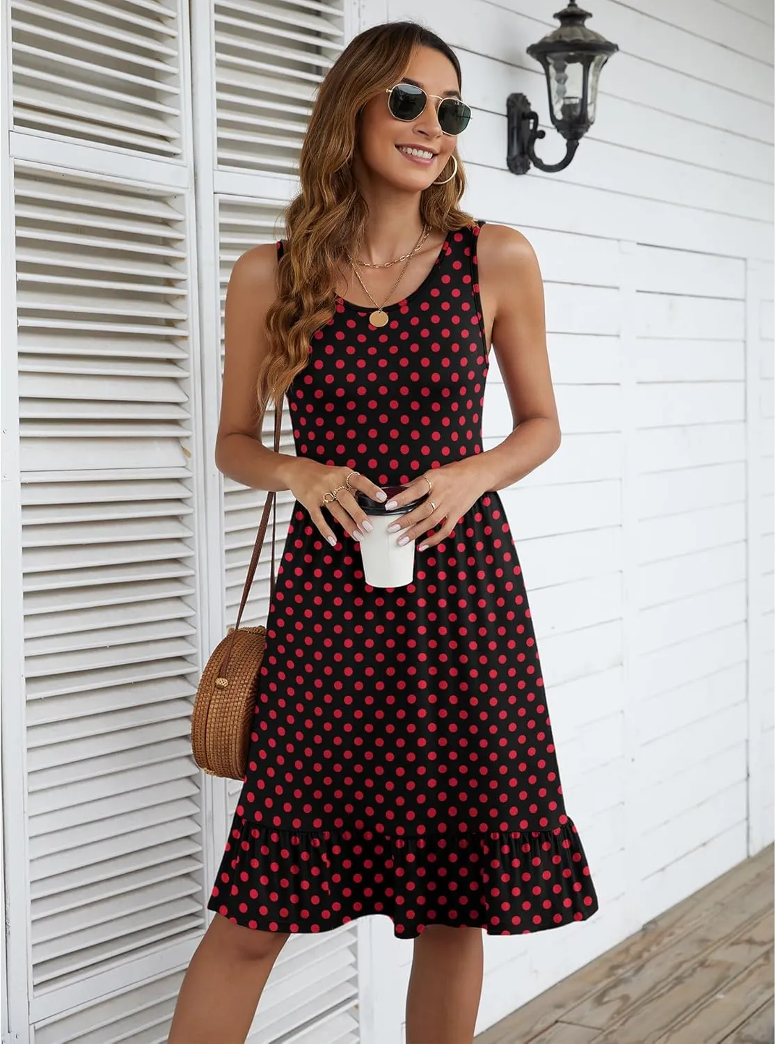 LILBETTER Women's Round Neck Summer Sundresses Casual Pleated Ruffle Hem Knee Length Sleeveless Tank Dress with Pockets