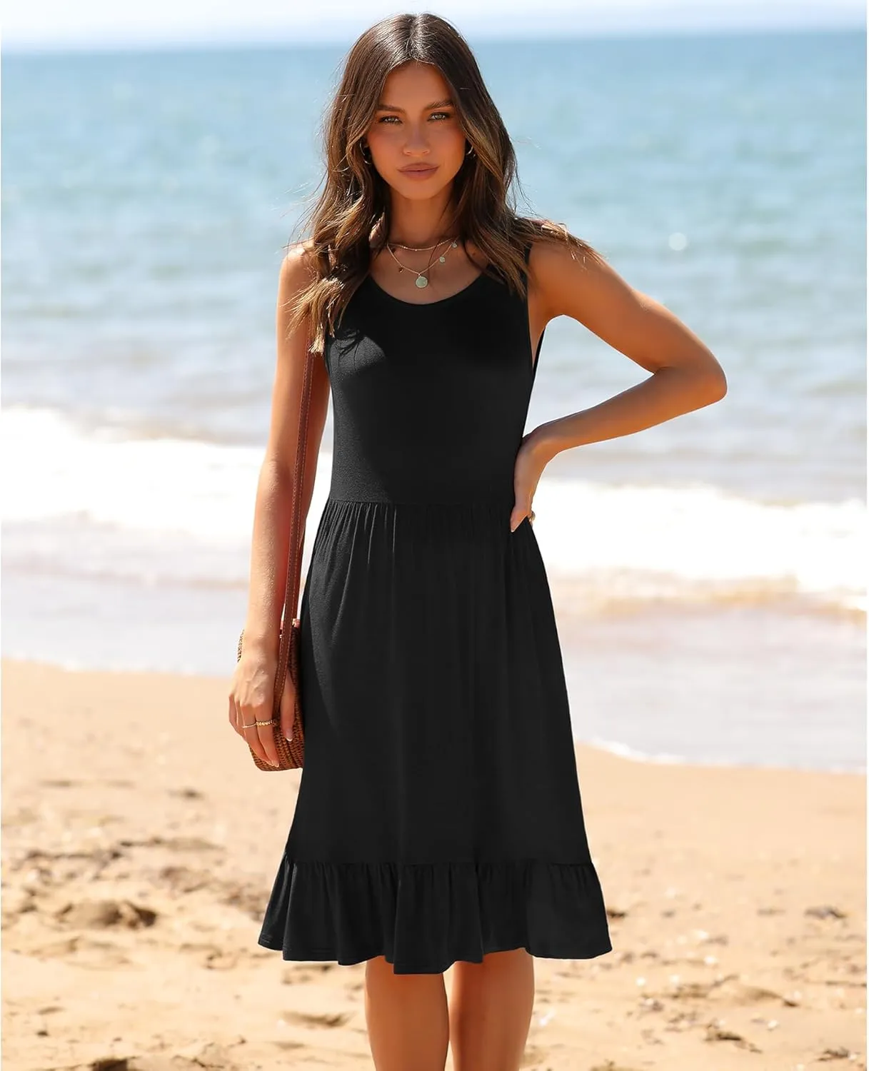 LILBETTER Women's Round Neck Summer Sundresses Casual Pleated Ruffle Hem Knee Length Sleeveless Tank Dress with Pockets