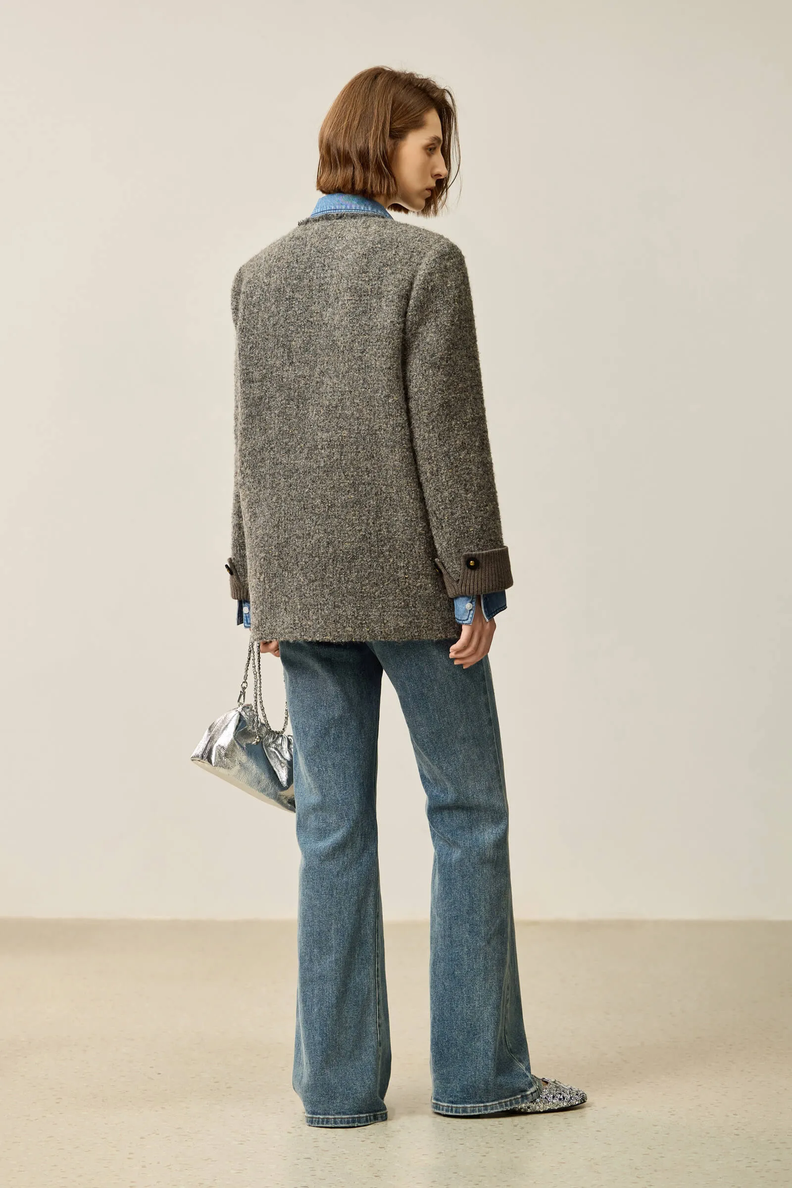 LILY Luxe Gold-Tweed V-Neck Wool Coat