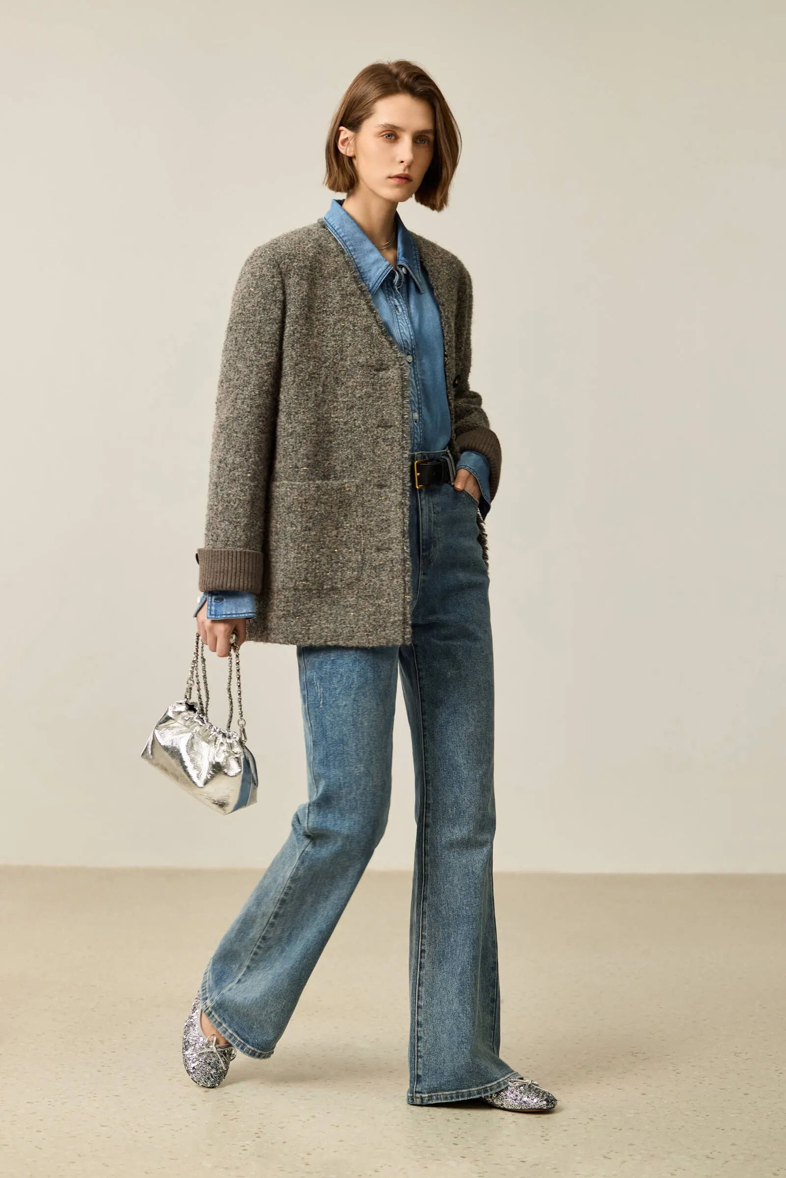 LILY Luxe Gold-Tweed V-Neck Wool Coat