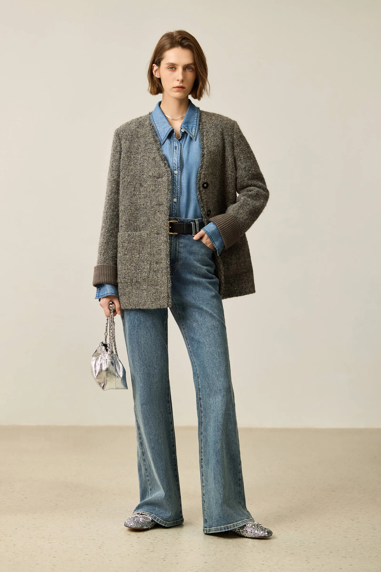 LILY Luxe Gold-Tweed V-Neck Wool Coat