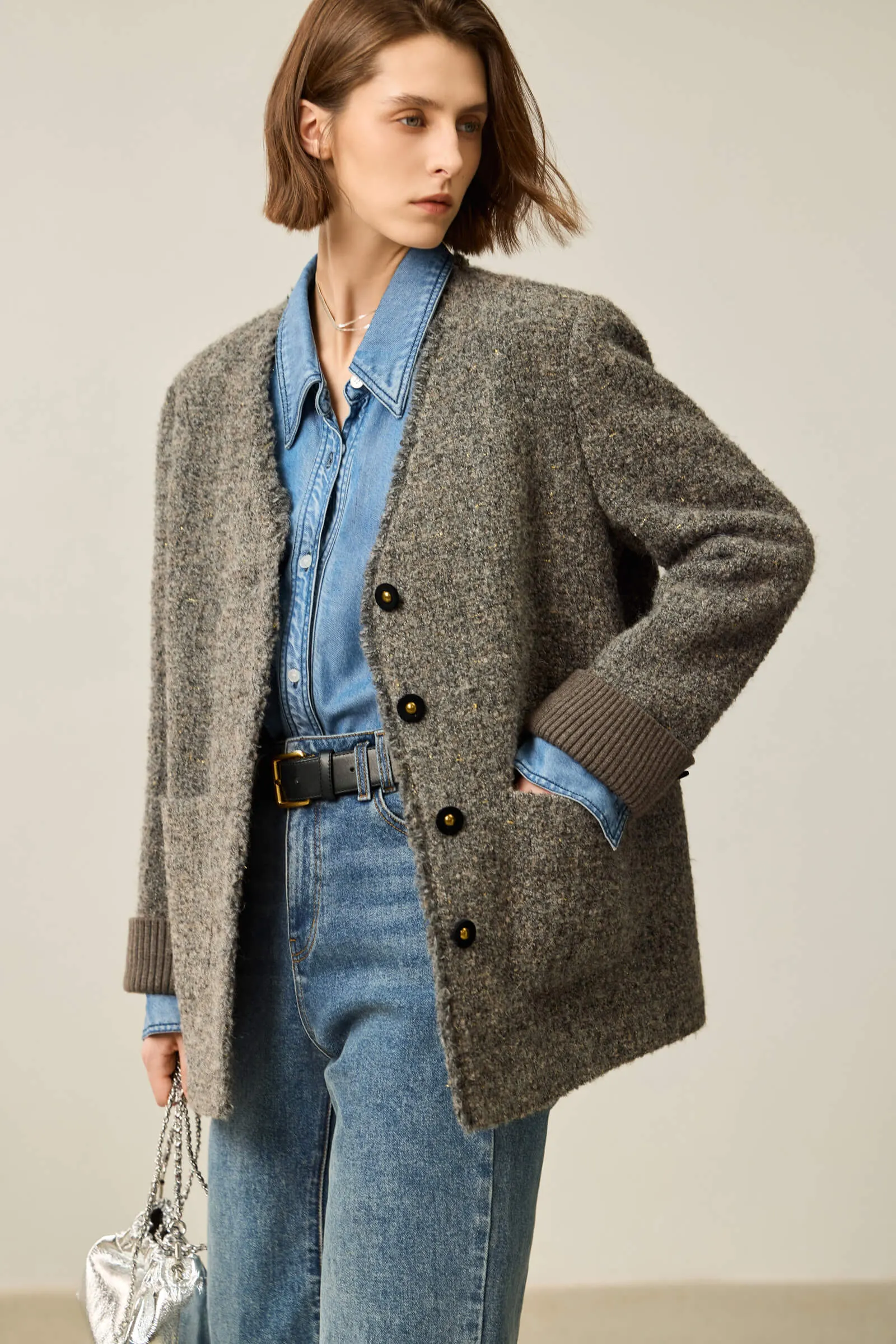 LILY Luxe Gold-Tweed V-Neck Wool Coat