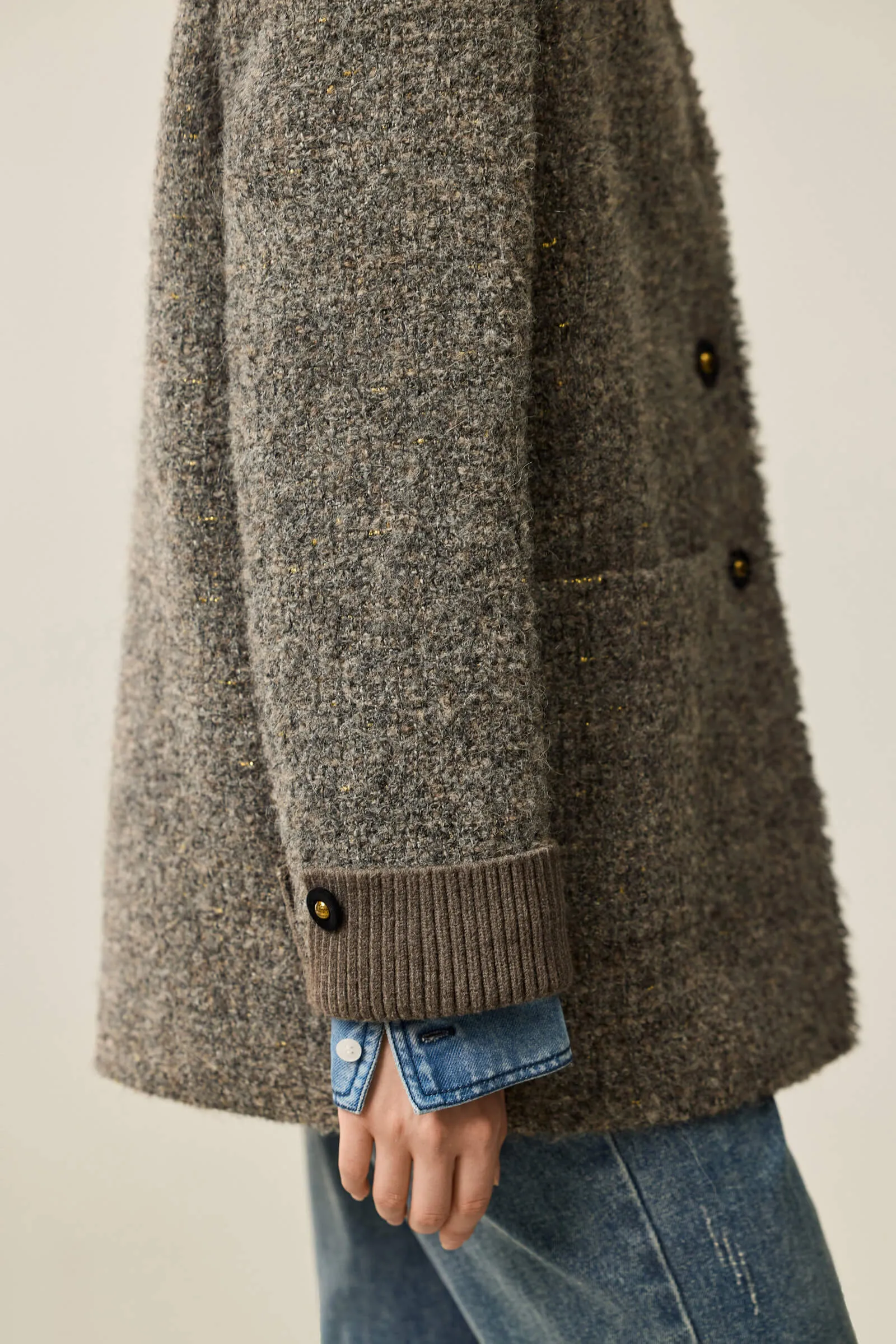 LILY Luxe Gold-Tweed V-Neck Wool Coat