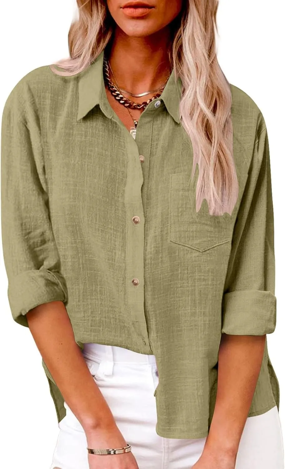 Linen Shirts for Women Summer Long Sleeve Lapel Button Down Shirt Lightweight Gauze Tops Loose Casual Blouses