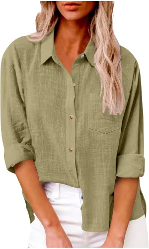 Linen Shirts for Women Summer Long Sleeve Lapel Button Down Shirt Lightweight Gauze Tops Loose Casual Blouses