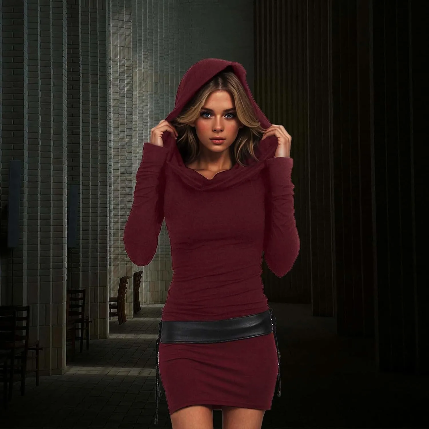 Long Sleeve Bodycon Dress for Women Steampunk Hoodie Sweatshirt Dresses Vintage Gothic Party Hooded Wrap Mini Dress