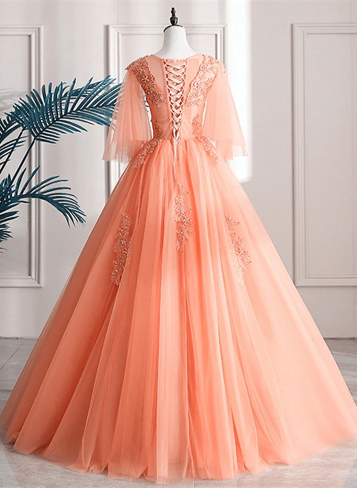Lovey Tulle V-Neckline Long Party Dress With Lace A-Line Tulle Sweet 16 Dress