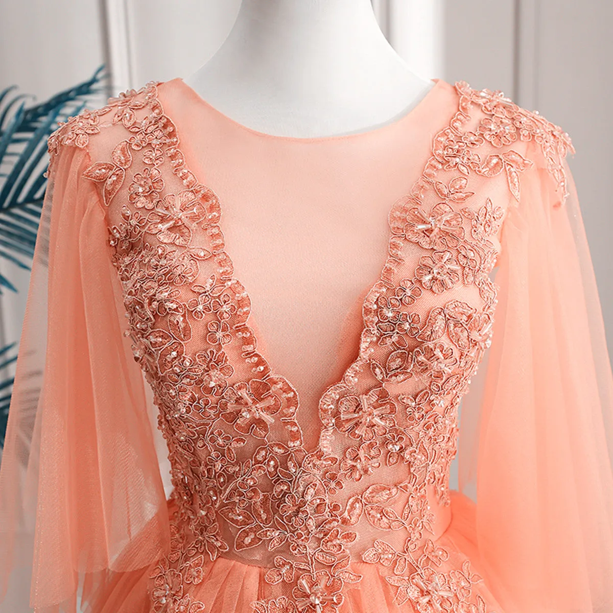 Lovey Tulle V-Neckline Long Party Dress With Lace A-Line Tulle Sweet 16 Dress
