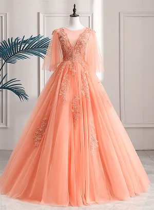 Lovey Tulle V-Neckline Long Party Dress With Lace A-Line Tulle Sweet 16 Dress