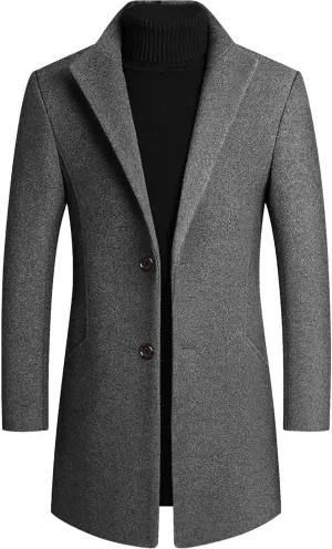 Maiyifu-GJ Mens Winter Trench Business Coat Notched Collar Single Breasted Pea Coat Wool Blend Winter Classic Overcoat