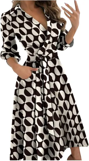 Maxi Dress for Women,2024 Summer Elegant Lapel V Neck Long/Short Sleeve Belt Office Dress,Flowy Ruched Beach Dress