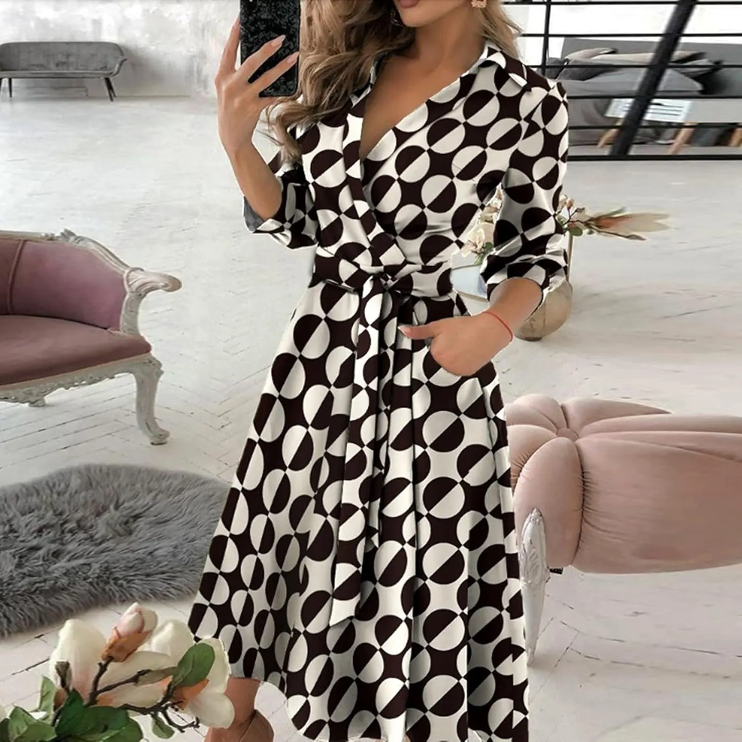 Maxi Dress for Women,2024 Summer Elegant Lapel V Neck Long/Short Sleeve Belt Office Dress,Flowy Ruched Beach Dress