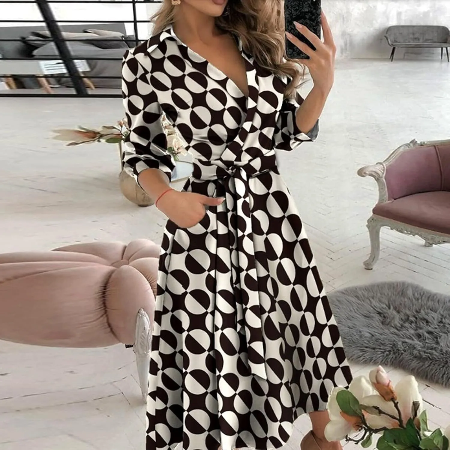 Maxi Dress for Women,2024 Summer Elegant Lapel V Neck Long/Short Sleeve Belt Office Dress,Flowy Ruched Beach Dress