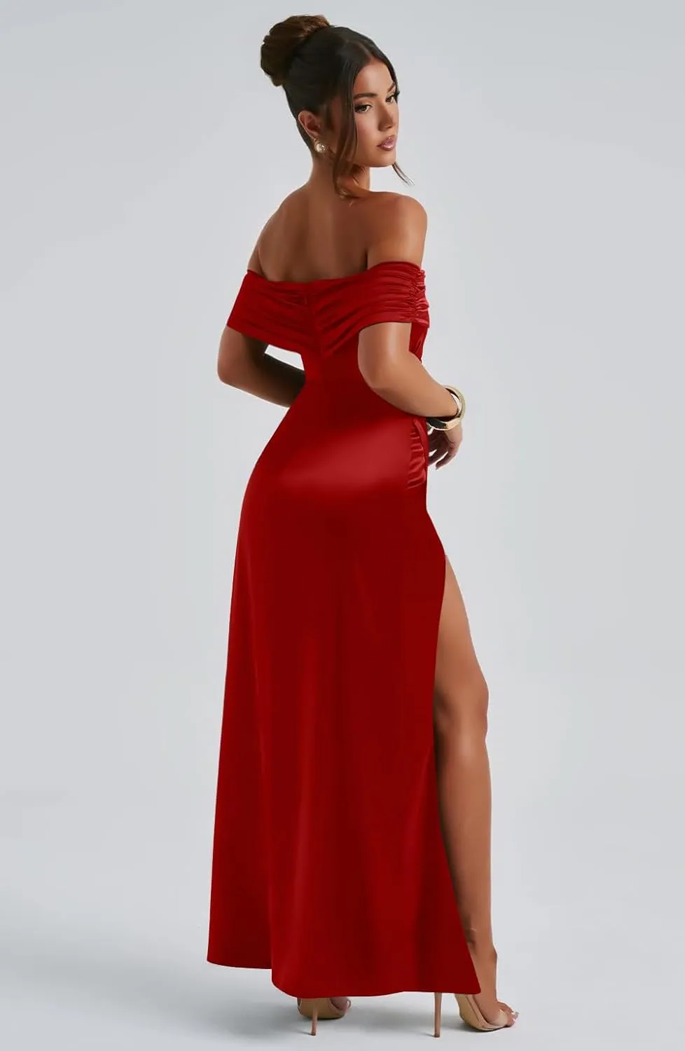 Memoriesea Women's Elegant Off Shoulder High Split Bodycon Evening Wedding Maxi Dress