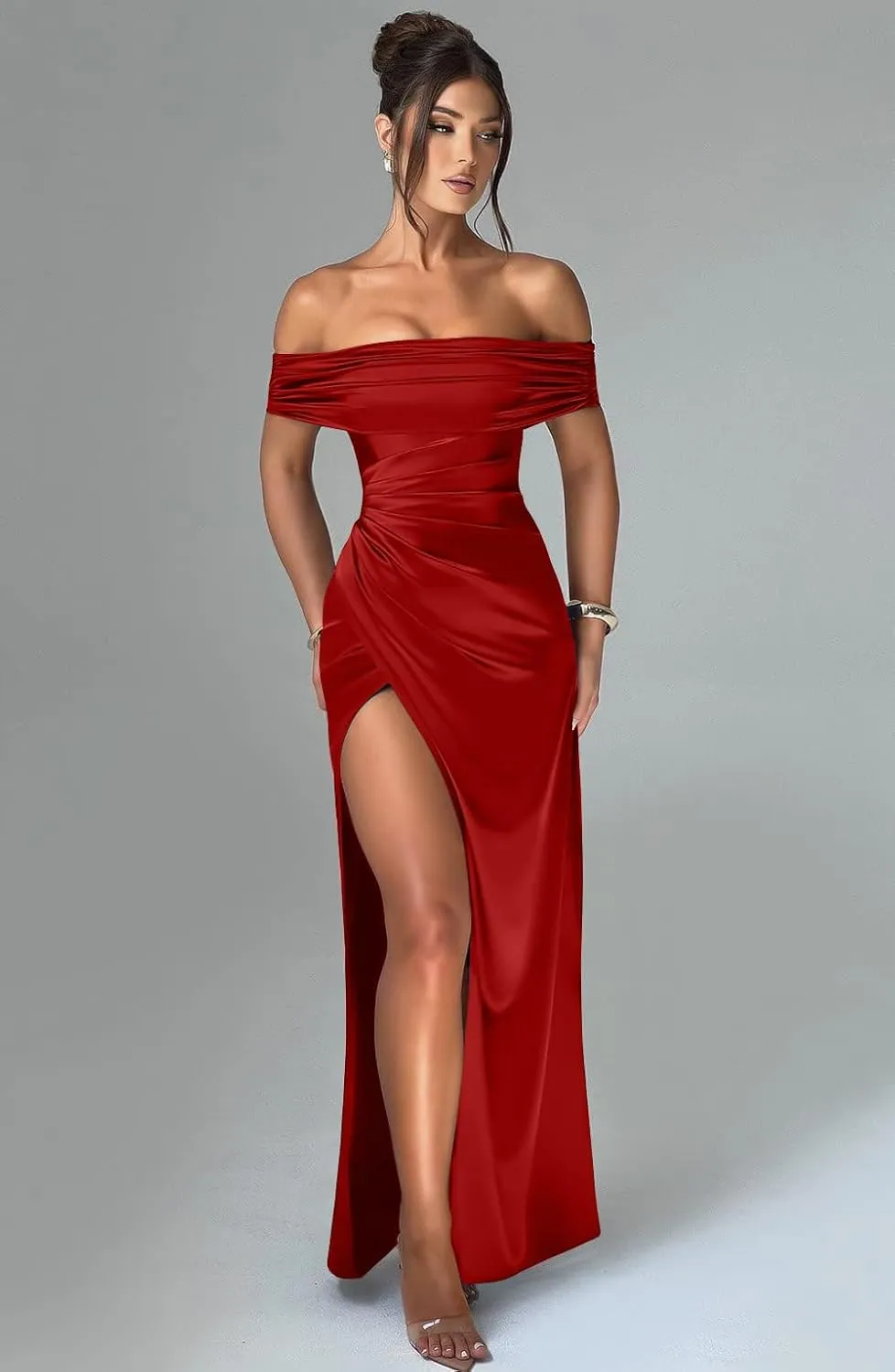Memoriesea Women's Elegant Off Shoulder High Split Bodycon Evening Wedding Maxi Dress