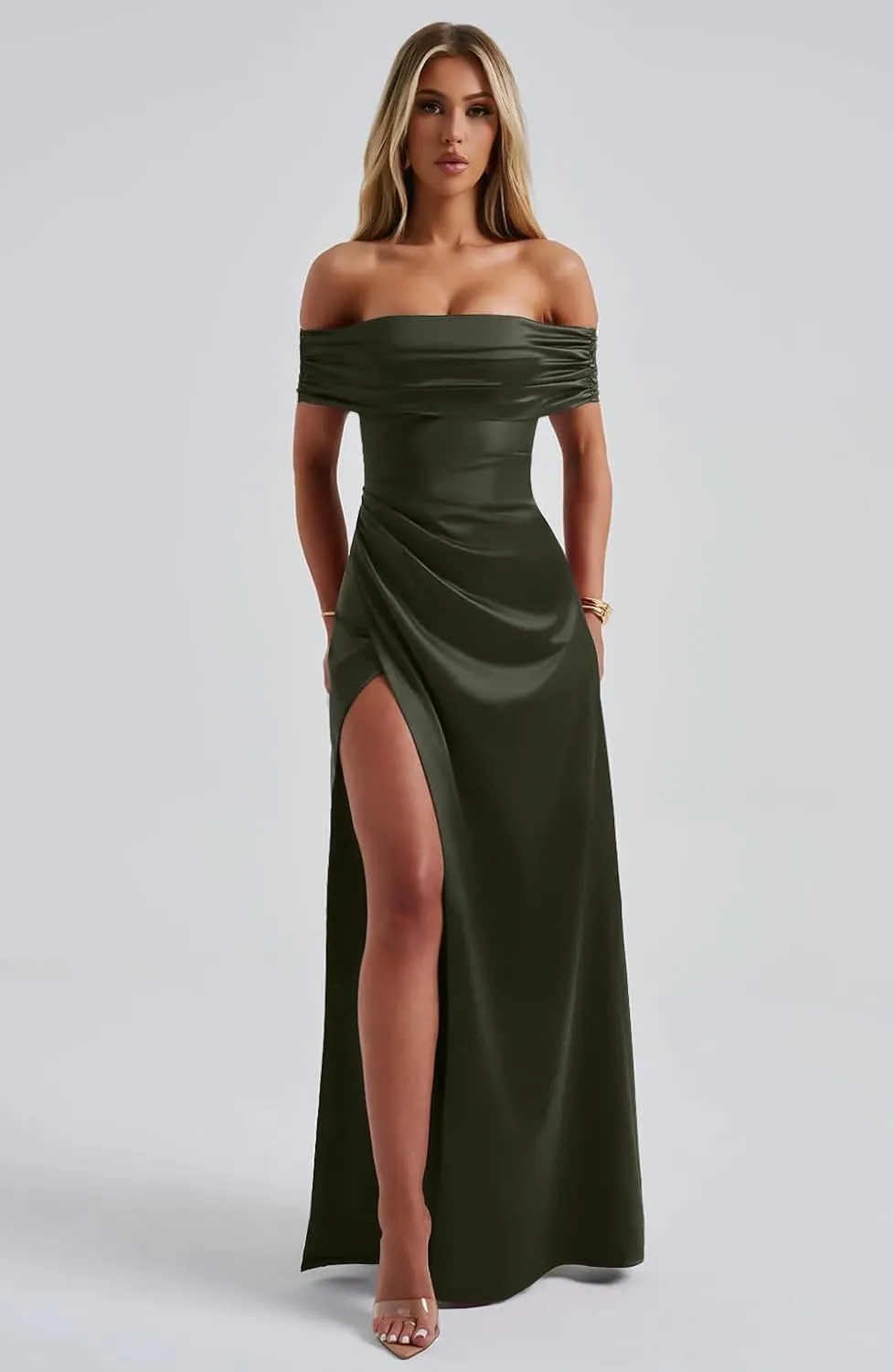 Memoriesea Women's Elegant Off Shoulder High Split Bodycon Evening Wedding Maxi Dress