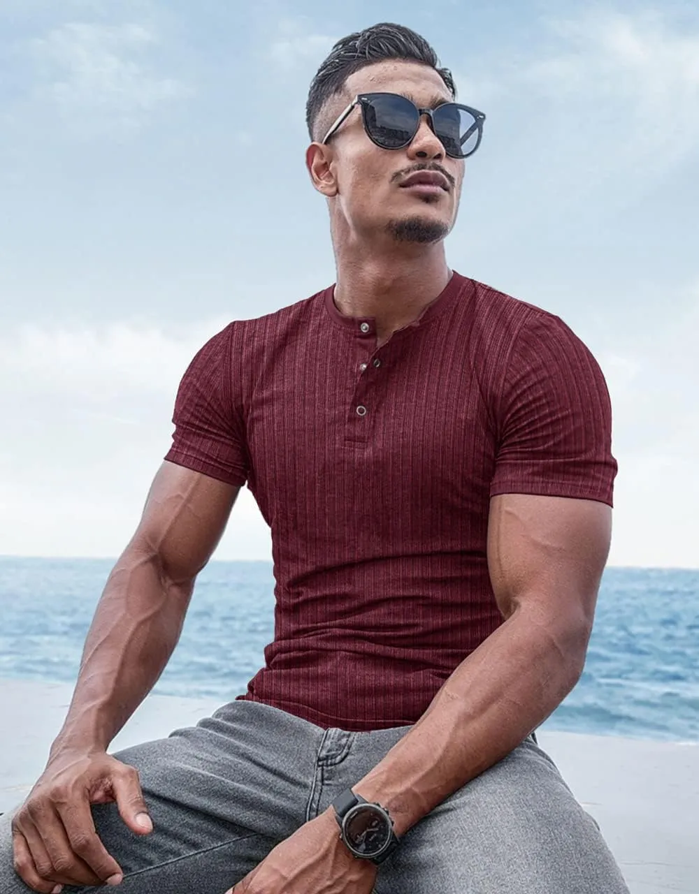 Muscle Cmdr Men's Ribbed Henley Shirt Slim Fit Muscle Shirt Fitted Cotton Short&Long Sleeve Casual T-Shirt