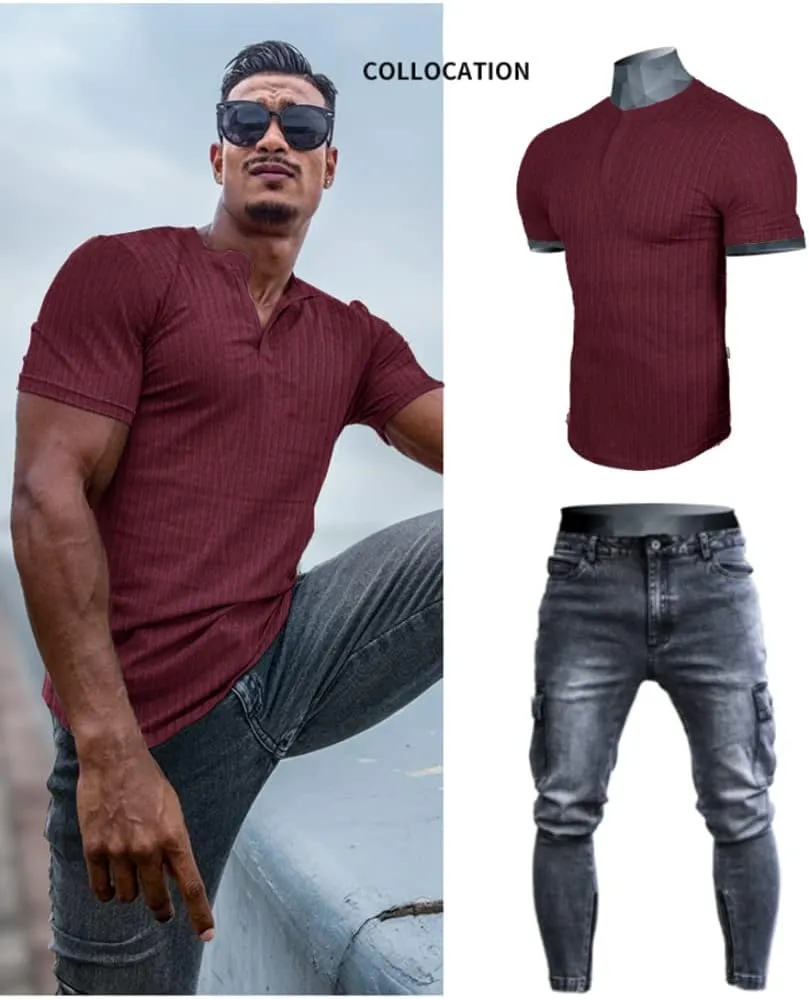 Muscle Cmdr Men's Ribbed Henley Shirt Slim Fit Muscle Shirt Fitted Cotton Short&Long Sleeve Casual T-Shirt