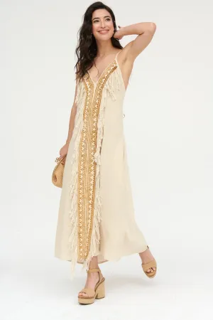 Natural Linen Dress with Aztec Print & Fringe Detail