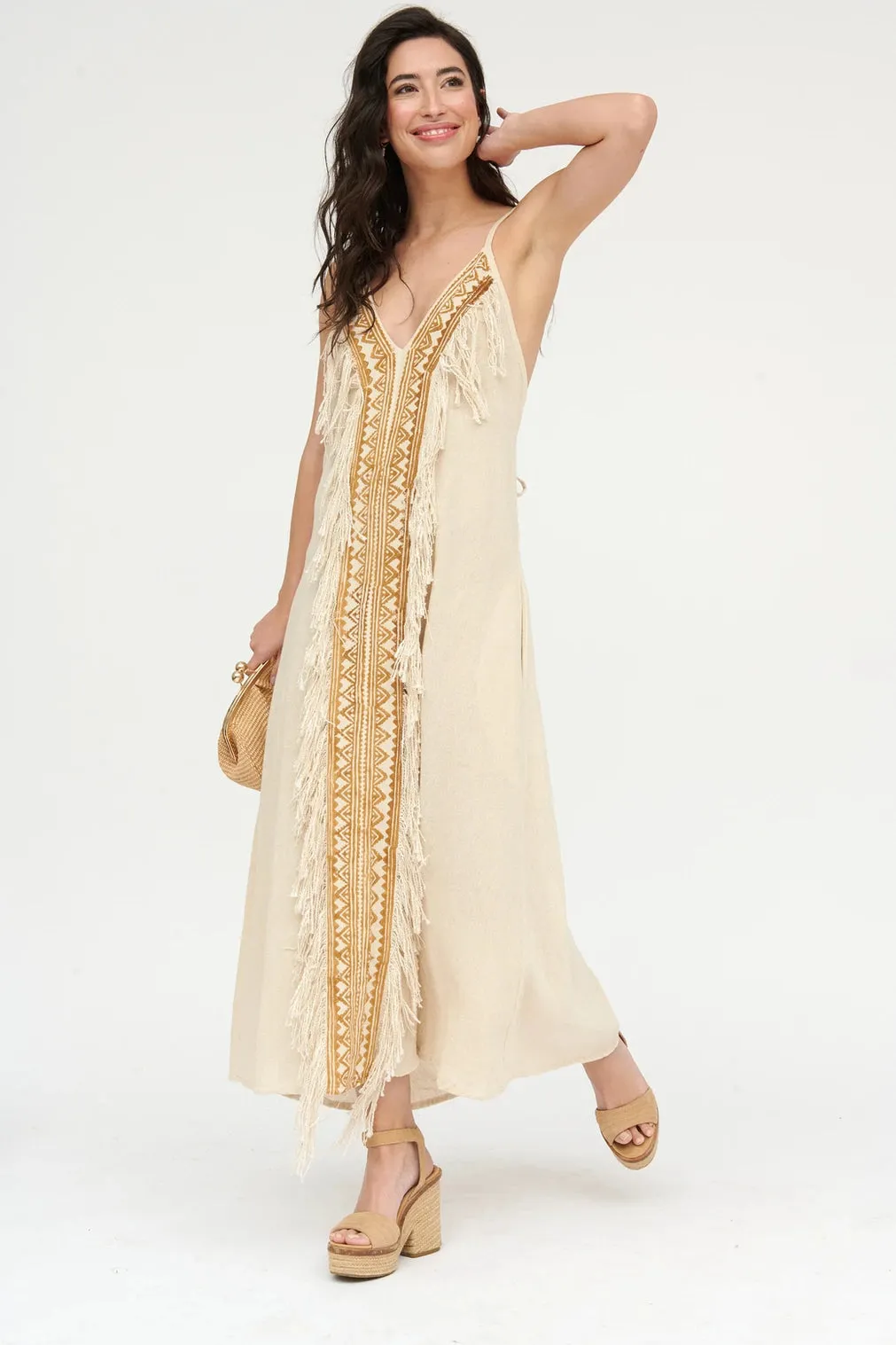 Natural Linen Dress with Aztec Print & Fringe Detail