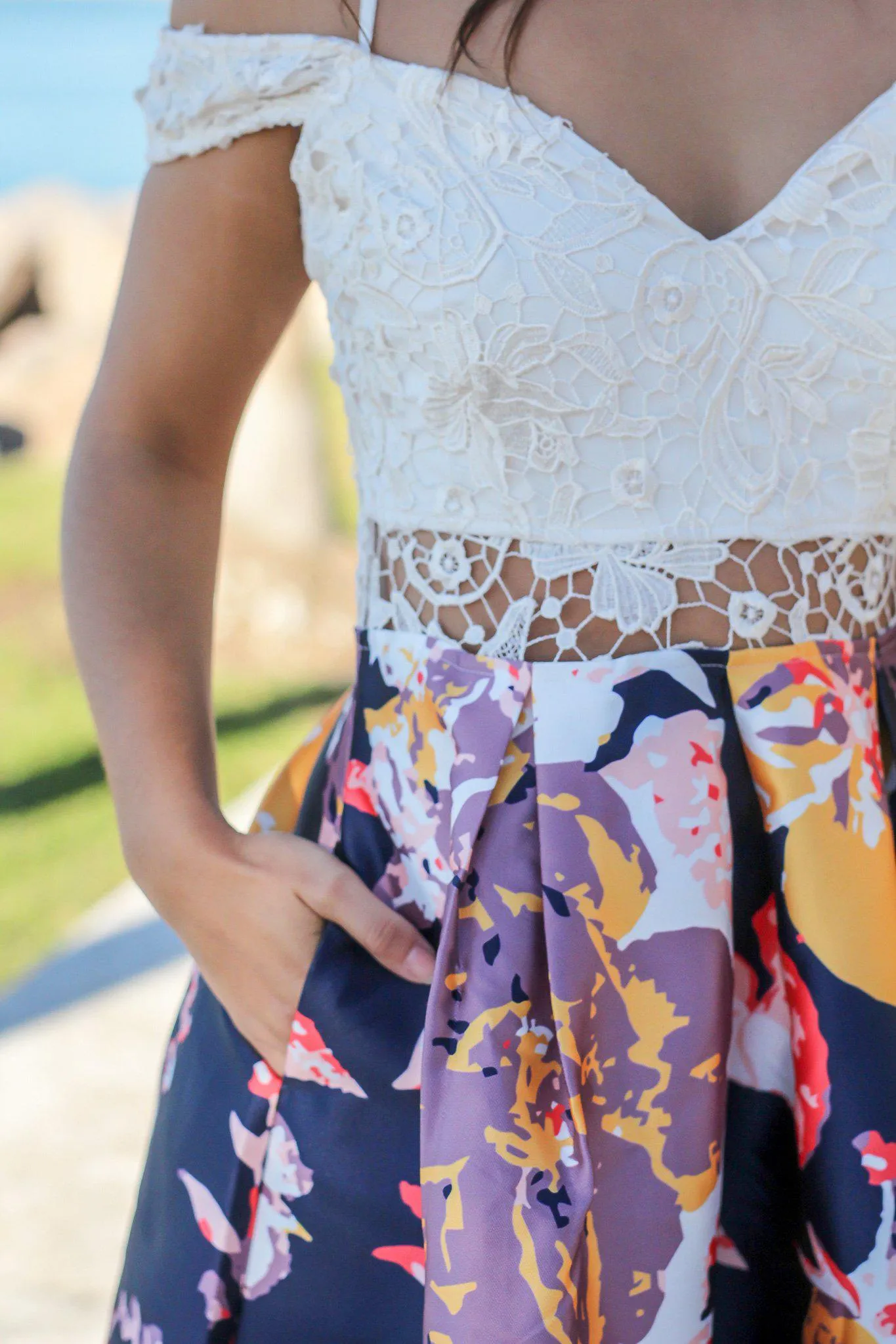 Navy Floral Off Shoulder Maxi Dress with Crochet Top