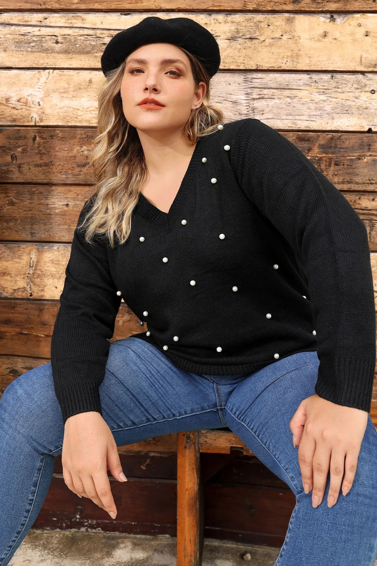 Pearl V Neck Wool Long Sleeve Sweater