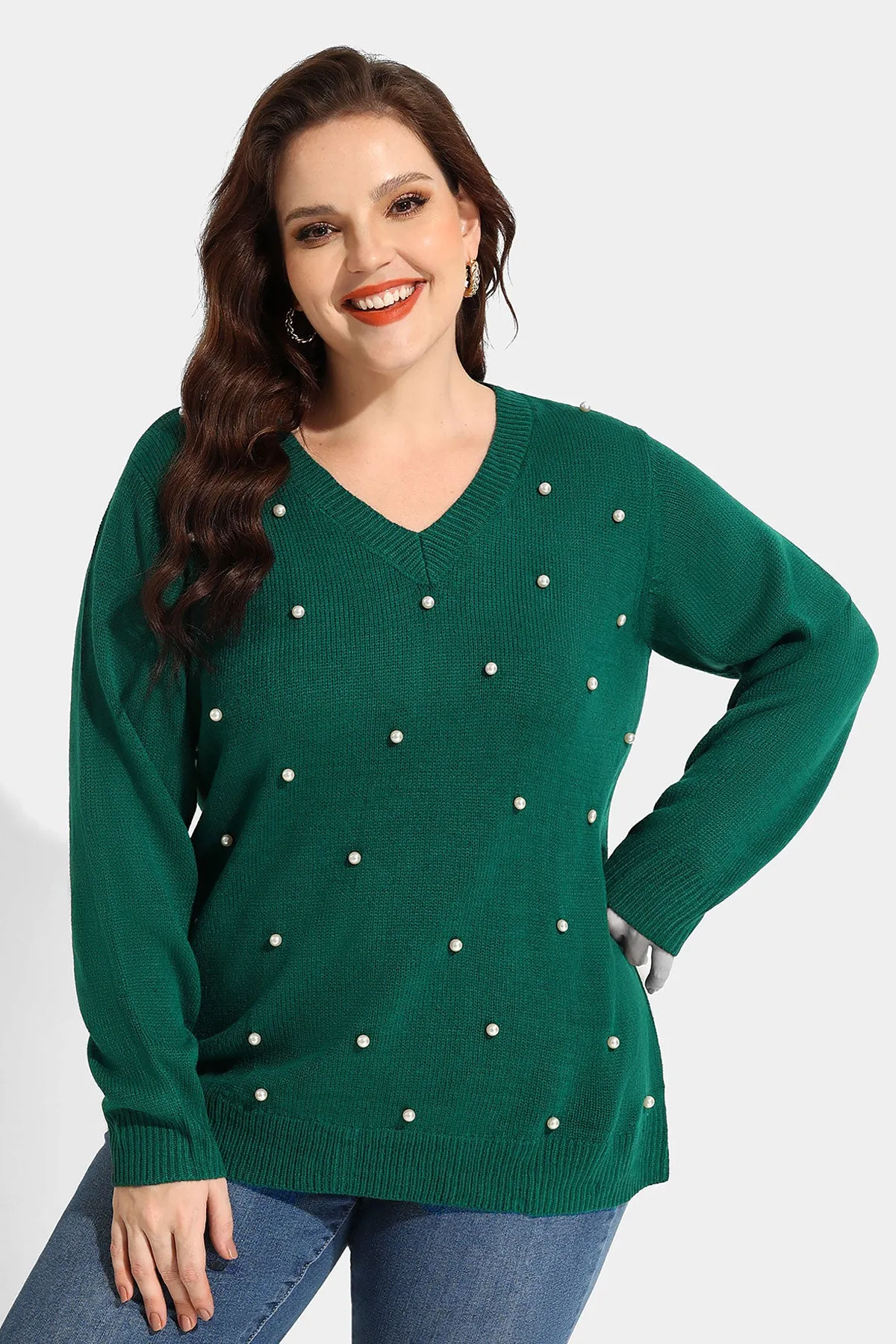 Pearl V Neck Wool Long Sleeve Sweater