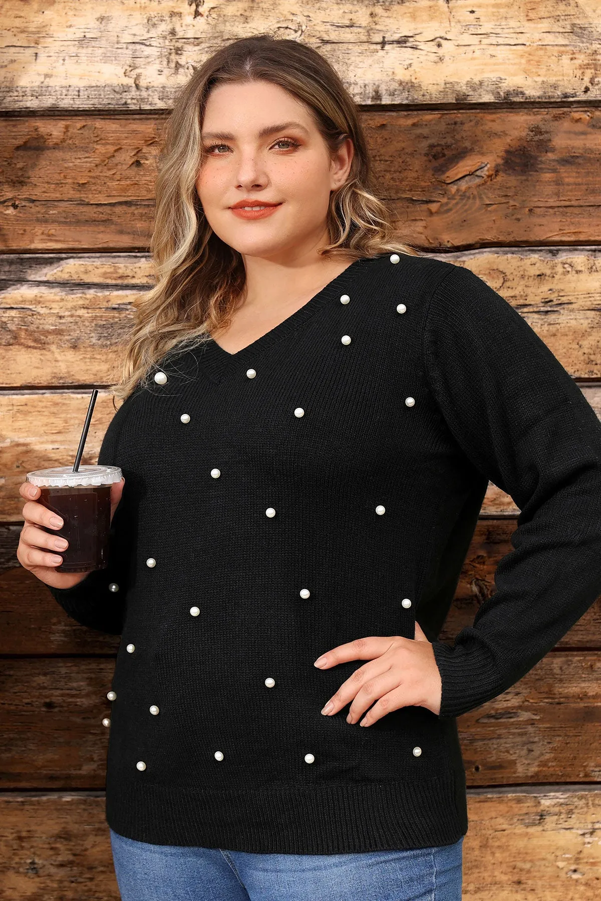 Pearl V Neck Wool Long Sleeve Sweater