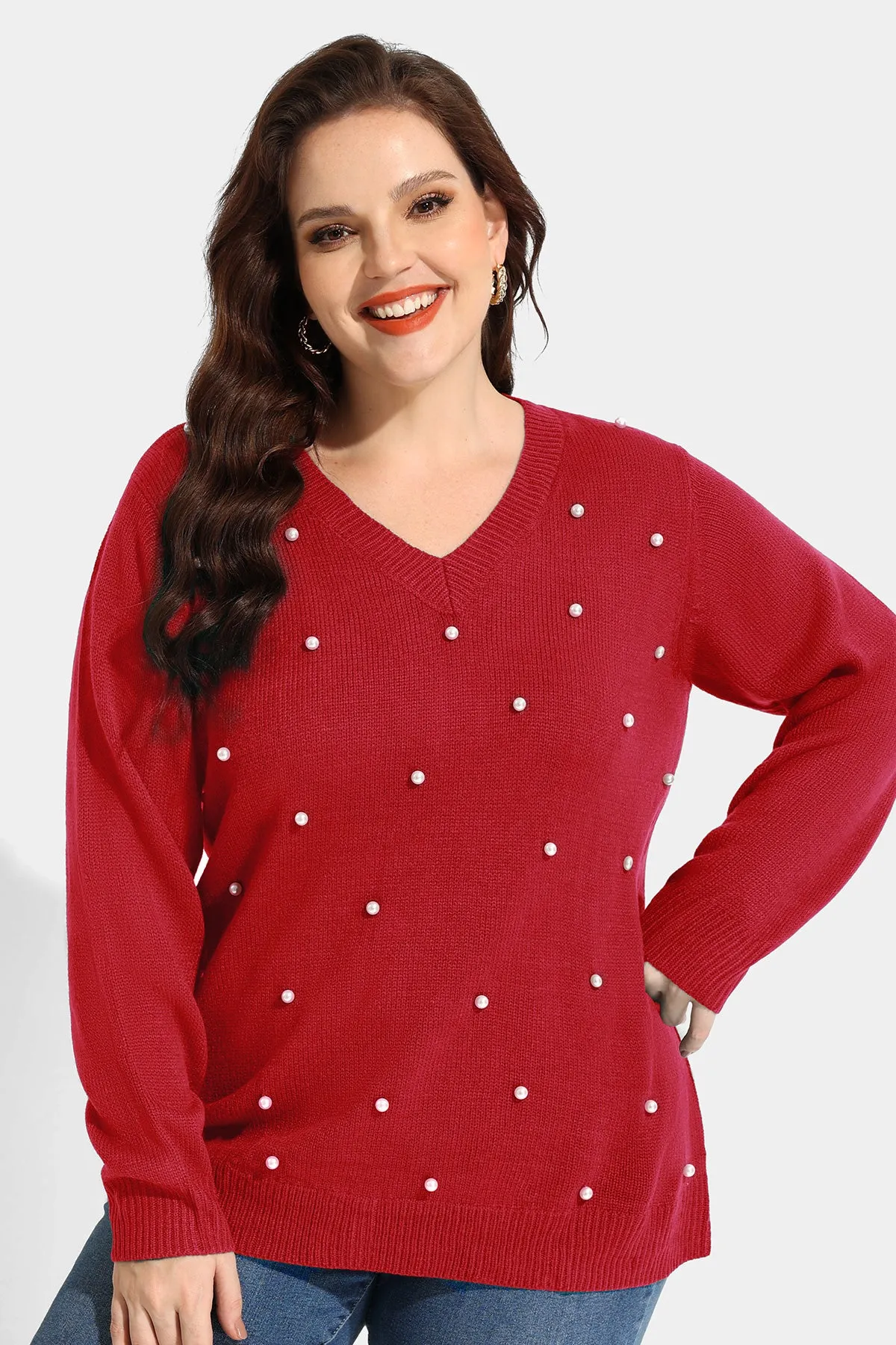 Pearl V Neck Wool Long Sleeve Sweater
