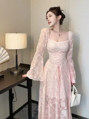 Pink sexy lace long-sleeved dress for women     S5461