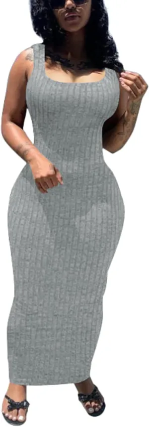 PINSV Women's Bodycon Maxi Dress Stretchy Sleeveless Tank Dress Summer Long Ribbed Casual Beach Party Dress