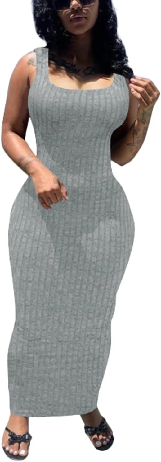 PINSV Women's Bodycon Maxi Dress Stretchy Sleeveless Tank Dress Summer Long Ribbed Casual Beach Party Dress