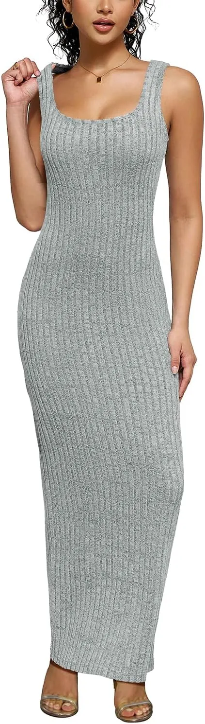 PINSV Women's Bodycon Maxi Dress Stretchy Sleeveless Tank Dress Summer Long Ribbed Casual Beach Party Dress