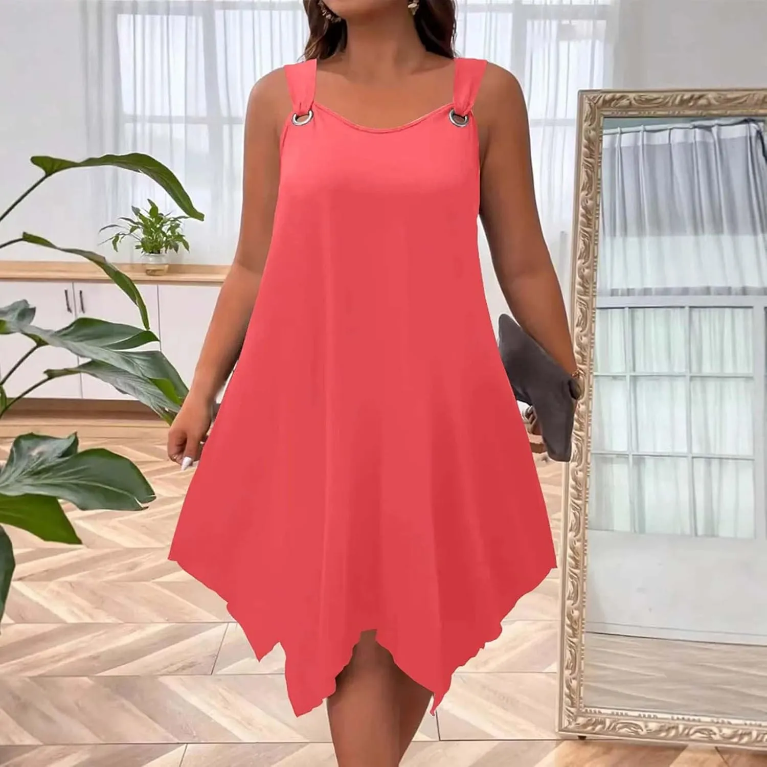 Plus Size Summer Dresses for Curvy Women Loose Casual O-Ring Shoulder Sleeveless Asymmetrical Hem Flowy Midi Dress