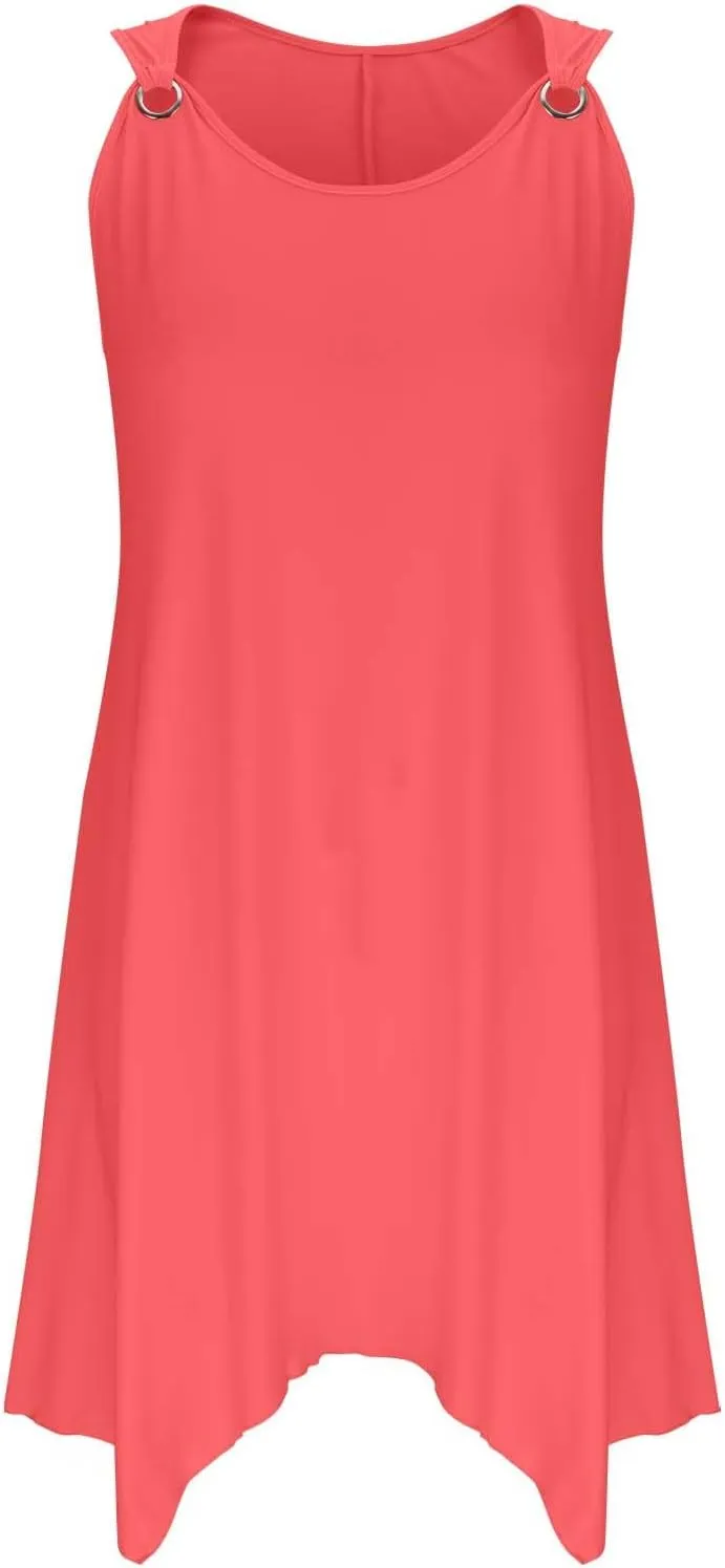 Plus Size Summer Dresses for Curvy Women Loose Casual O-Ring Shoulder Sleeveless Asymmetrical Hem Flowy Midi Dress
