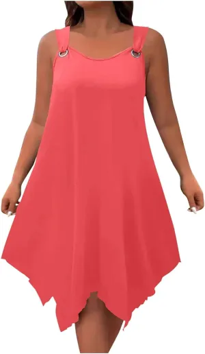 Plus Size Summer Dresses for Curvy Women Loose Casual O-Ring Shoulder Sleeveless Asymmetrical Hem Flowy Midi Dress