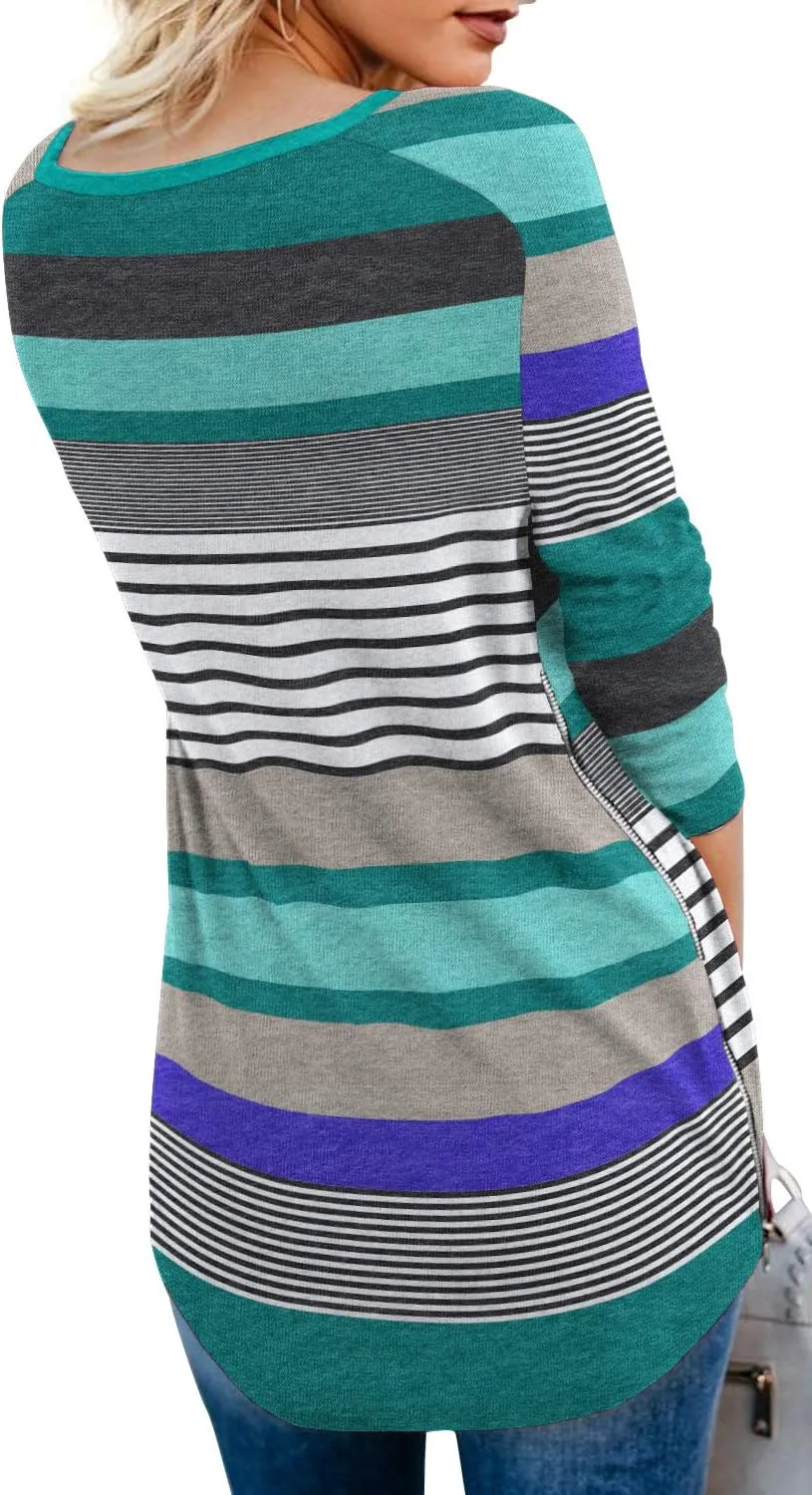 PrinStory Women's Long Sleeve Shirt Fall Tops Casual V Neck Side Split Shirt With Side Zipper