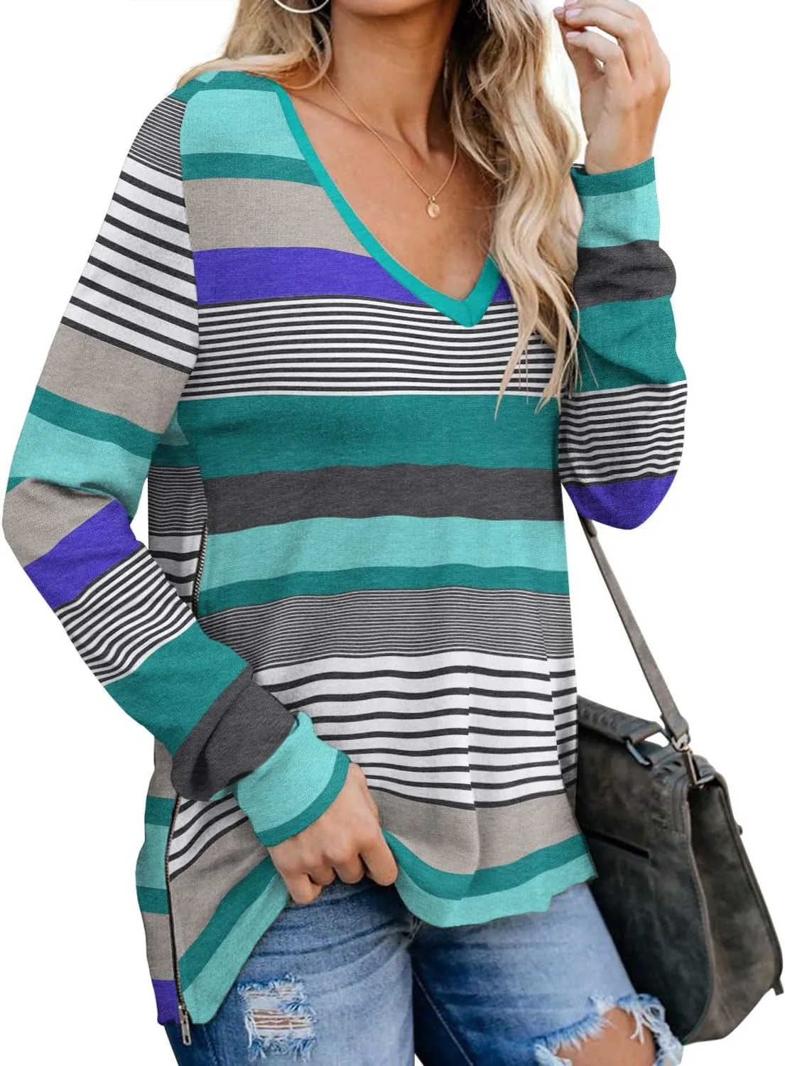 PrinStory Women's Long Sleeve Shirt Fall Tops Casual V Neck Side Split Shirt With Side Zipper