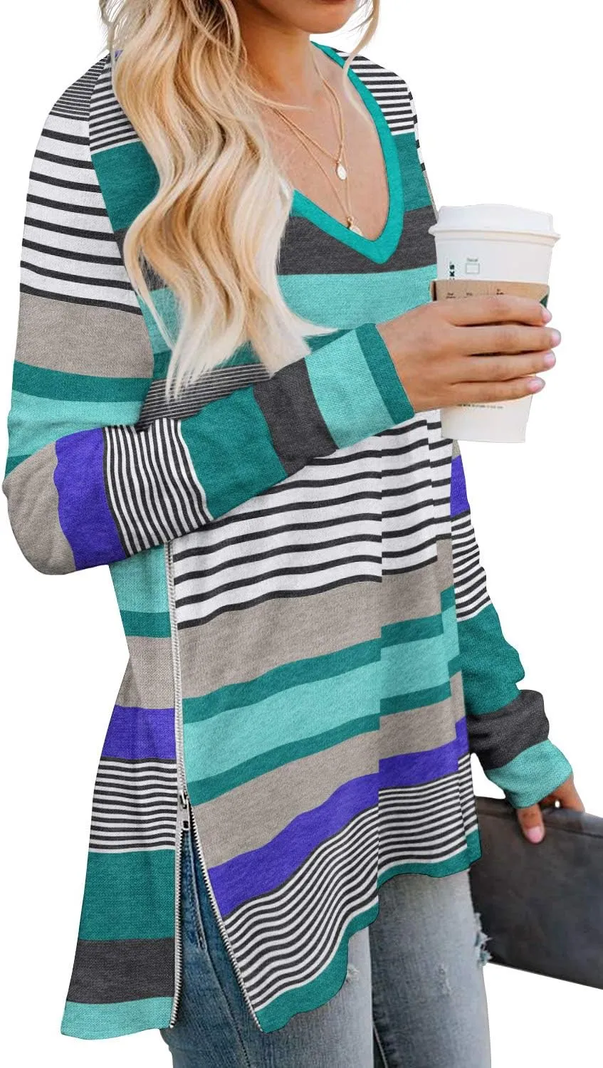 PrinStory Women's Long Sleeve Shirt Fall Tops Casual V Neck Side Split Shirt With Side Zipper